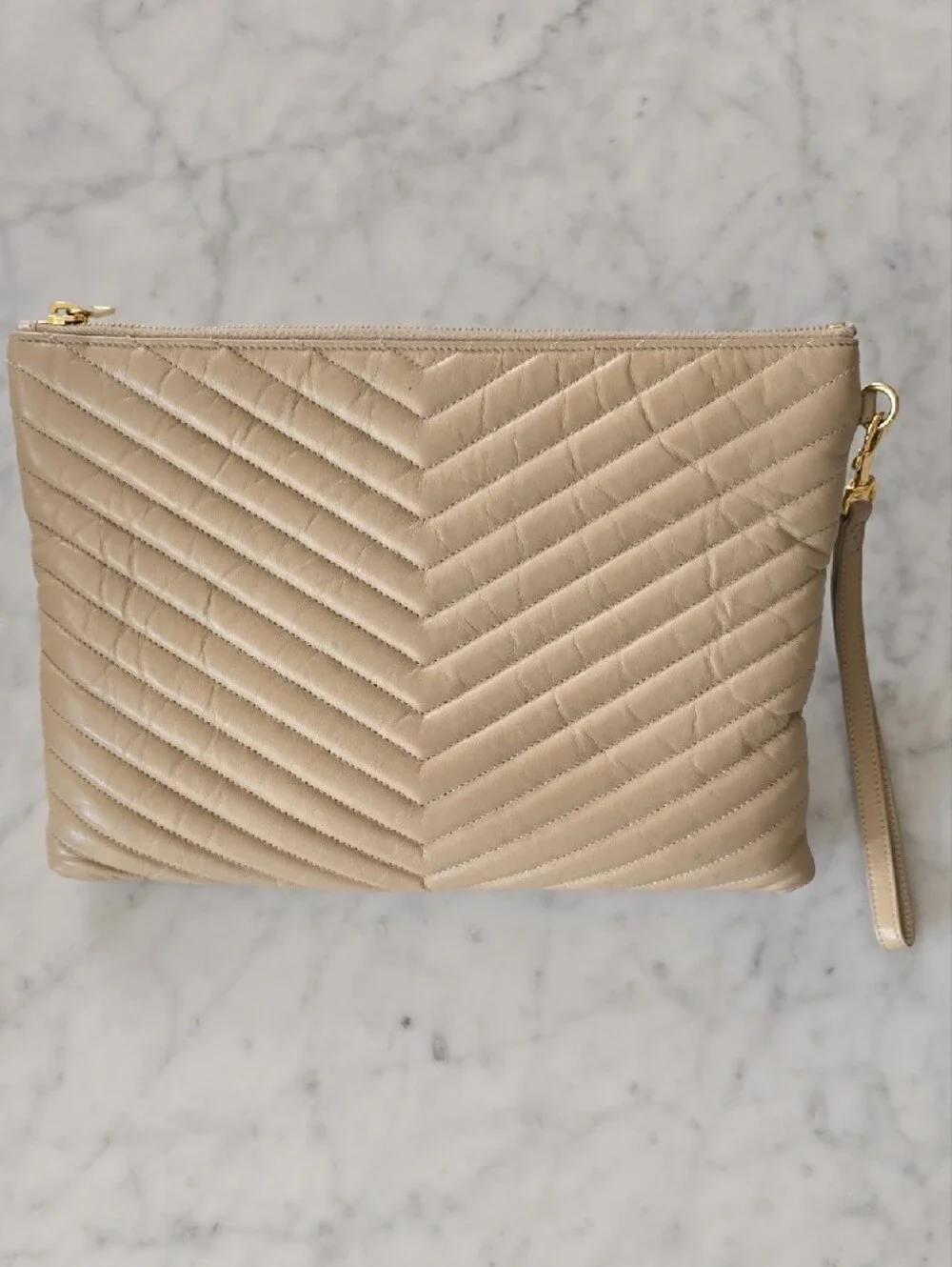 Saint Laurent Beige Quilted Leather Wristlet Clutch